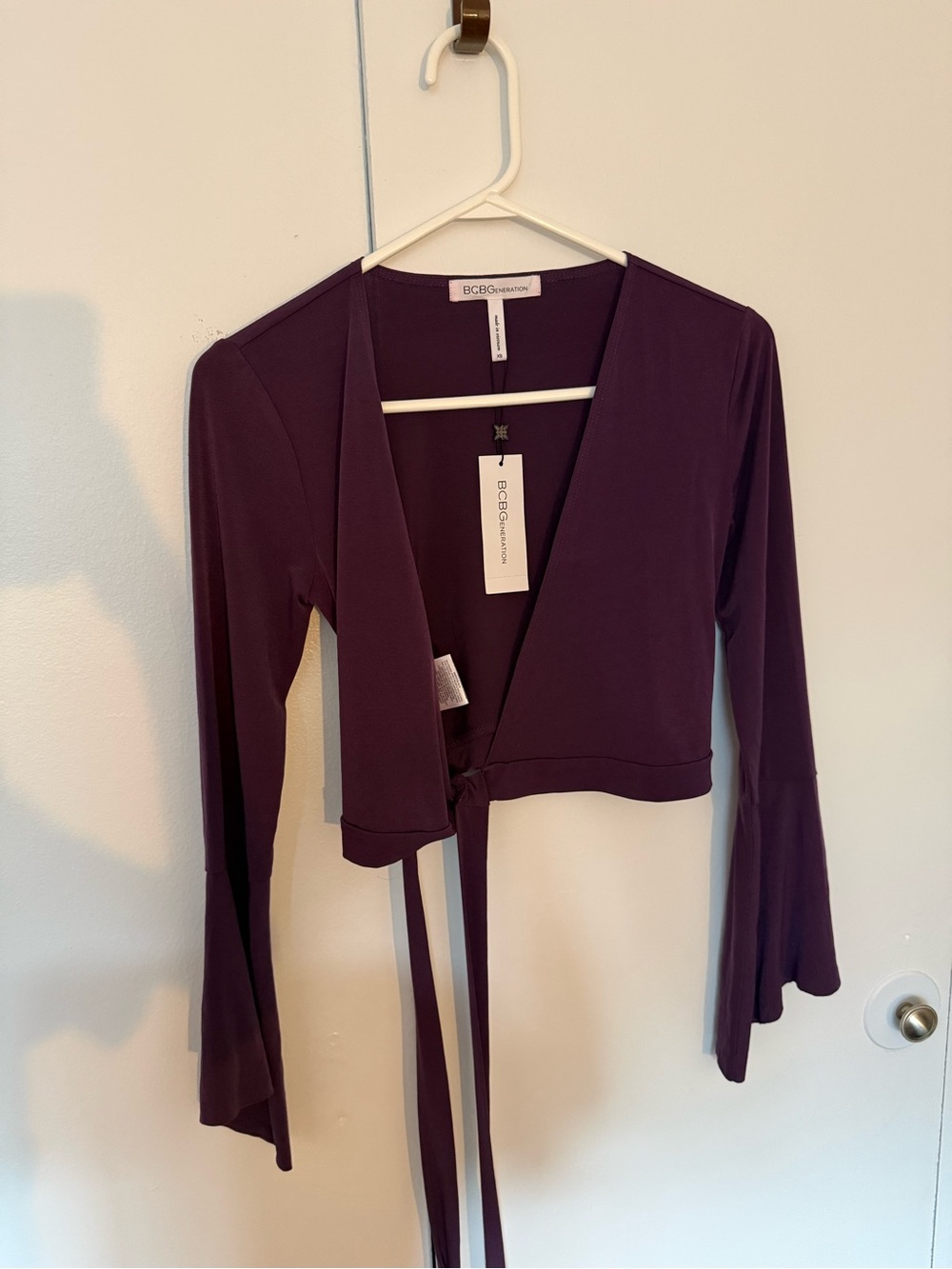 BCBGeneration Plum Wrap Crop Top with Tie Front